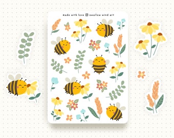 Cute Sticker Sheet for Journalling, Cute Bumblebee Sticker, Kawaii Sticker for Planner, Aesthetic Sticker Gift for Planners, Nature Stickers