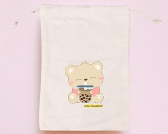 Cute Bear Drawstring Bag, Boba Bear Cotton Bag, Cotton Canvas Drawstring Pouch, Cute Bear Gifts for Kids, Handprinted in Sydney, Australia