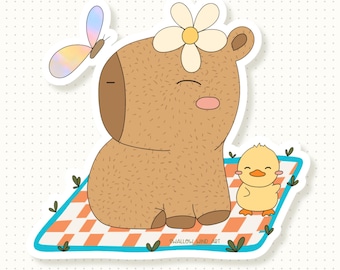 Capybara Picnic Waterproof Vinyl Sticker, Ducky and Butterfly