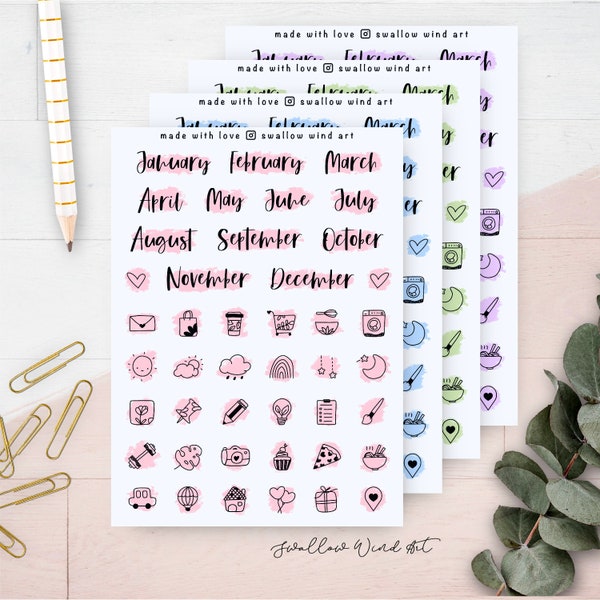 Month Script Sticker Sheet, Month of the Year & Mixed Icon Planner Stickers, Journal Stickers, Notebook Stickers, Buy More to Save!!!