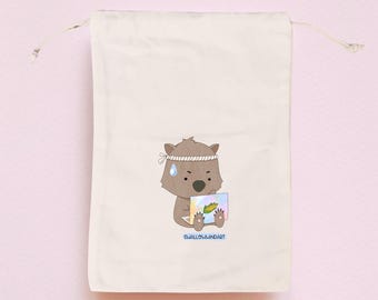 Handprinted Wombat Book Sleeve, Cotton Canvas Drawstring Bag