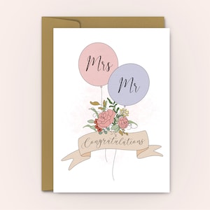 Wedding Day Card | Mrs Mr Congratulations Card | Floral Balloon Wedding Card | Same Sex Wedding Card | Personalised Wedding Cards