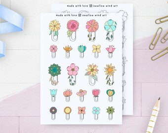 May include: A sheet of paper with 24 different flower-themed paper clips. The paper clips are outlined in black and filled with various colors, including pink, yellow, blue, and green. The paper has the text "made with love swallow wind art" printed at the top.