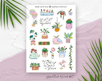 Plants Planner Stickers, Cute Sticker Sheet, Succulent Aesthetic Journal Stickers, Notebook Stickers, Botanical Scrapbook Stickers