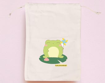 Drawstring Bag, Cute Frog Cotton Canvas Drawstring Pouch, Frog Bag, Frog Gift, Book Sleeve, Book Pouch, Handprinted in Sydney, Australia