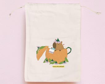 Handprinted Capybara Cotton Drawstring Bag, Book Pouch