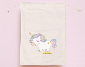 Handprinted Unicorn Book Sleeve, Cotton Canvas Drawstring Pouch