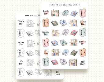 May include: Two sheets of planner stickers with various designs. The stickers feature illustrations of open notebooks, closed notebooks, and text that says "Time to Plan", "Journal", "Planning Time", and "Let's Plan".