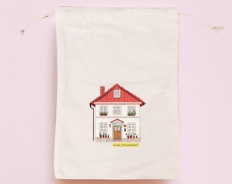 Red Cottage Handprinted Drawstring Pouch, Cotton Canvas Book Sleeve