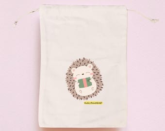 Drawsting Bag, Cute Hedgehog Drawstring Bag, Cotton Canvas Drawstring Pouch, Hedgehog Bag, Cute Book Sleeve, Hedgehog Gifts, Book Lover Gift