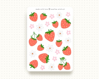 Strawberry and Flower Sticker Sheet, Journal Scrapbook Stickers