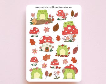 Autumn Froggy Sticker Sheet, Mushroom & Floral, Kawaii Stickers