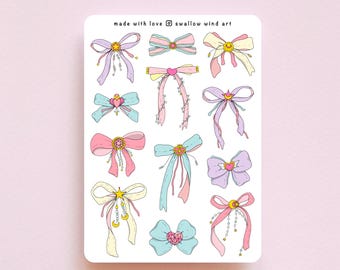 Magical Girl Bows Sticker Sheet, Shoujo Frilly Bows, Journal Stickers