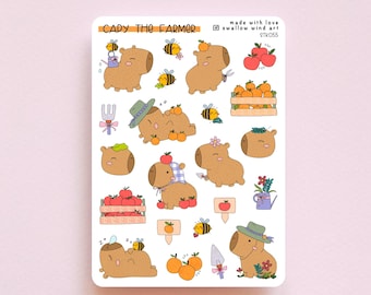 Cute Capybara Sticker Sheet, Cute Capybara Journal Stickers, Capy the Farmer and Sleepy Bee, Capybara Orange, Decorative Notebook Stickers