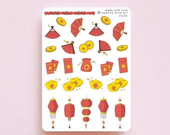 Chinese New Year Sticker Sheet, Cute Lunar New Year Journal Stickers, Gong Xi Fa Cai Decoration Stickers Stickers, Red Pocket Sticker Sheet