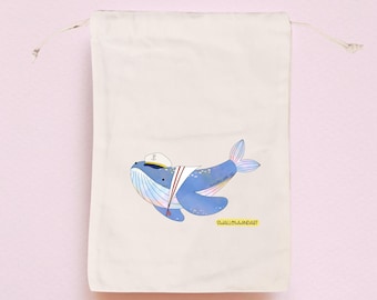 Handprinted Cotton Canvas Drawstring Pouch, Captain Whale, Ocean Design