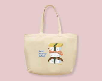 Tote Bag, Cute Sushi Stack, Durable and Roomy Canvas Bag, Shopping Bag, Sushi Stack Original DTF Art, Handprinted in Sydney, Australia