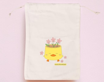 Duck Planter Cotton Drawstring Bag, Handprinted Book Sleeve