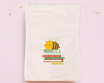 Cute Bee Drawstring Bag, Sleepy Bee and Books Bag, Cotton Canvas Drawstring Pouch, Cute Bee Bag, Bee Gifts, Handprinted in Sydney, Australia