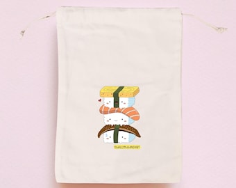 Kawaii Sushi Stack Cotton Canvas Drawstring Bag, Handprinted Book Sleeve