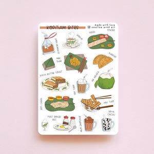 May include: A set of 12 illustrated stickers featuring various popular Singaporean dishes, including kaya butter toast, roti canai, teh tarik, and kopi. The stickers are white with a black outline and are printed with the words "KOPITIAM Bites" and "made with love swallow wind art STK061".