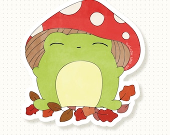 Mushroom Frog Vinyl Sticker, Autumn Leaves, Weatherproof Decal