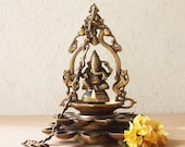 Vintage Brass Oil Lamp Of Lord Ganesha With 20 Diyas Flanked by Swans The Mythical Yalis, Length 78 cm x Dia 23 cm, Religious Home Decor