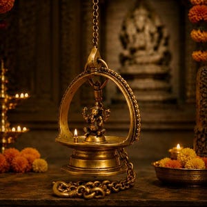 May include: A hanging brass oil lamp featuring a central figurine of the deity Ganesha. The lamp is suspended by a metal chain and includes a circular frame with decorative beading, a small lit wick, and a heavy base with a linked chain at the bottom.