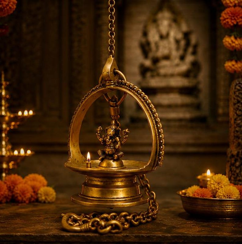 May include: A hanging brass oil lamp featuring a central figurine of the deity Ganesha. The lamp is suspended by a metal chain and includes a circular frame with decorative beading, a small lit wick, and a heavy base with a linked chain at the bottom.