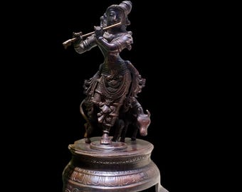 Brass Lord Krishna Sculpture, Hindu God with Cow, Indian Decor (25 cm)