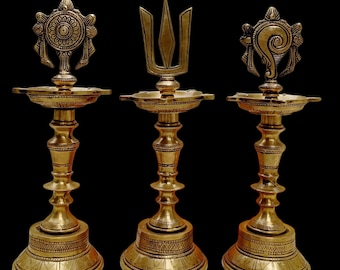 Brass Vishnu Oil Lamps, Chakra, Shanku, Namam Symbols, Religious Decor