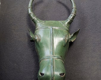 Brass Nandi Bull Wall Hanging, Green Patina Hindu Decor (45cm x 25cm x 11cm)