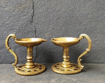 Brass Oil Lamps Pair | Filigree Handles, Deepavali Diyas