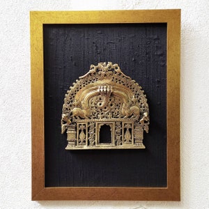 Magnificent Brass Temple Prabhavali With Mythical Yali & Peacocks Framed On Black Raw Silk, H45 cm x W 35 cm, Religious Home Decor, Wall Art