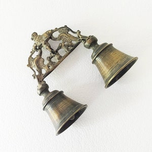 Vintage Brass Twin Prayer Bells With Nandi Bull- Vehicle Of Lord Shiva, L 18.5 cm x Ht 16 cm x Dia Of Bells 7 cm, Religious Home Decor