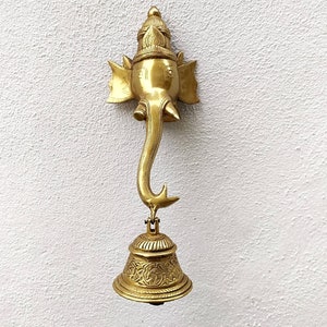 Majestic Brass Ganesha Wall Hanging with Temple Bell - Height 38 cm x Width 12 cm, Religious Home Decor, Ganesha Wall Hanging, Brass Bell