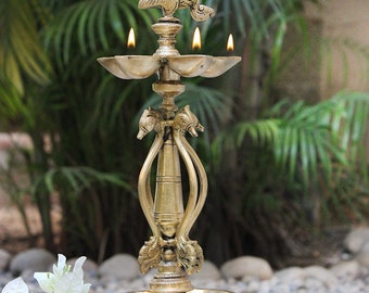 Handcrafted Brass Peacock Oil Lamp With 5 Diyas & 4 Exquisite Swans -  Ht 52 cm x Dia 19 cm, Home Decor, Vintage Homes, Made in India