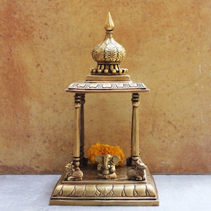 Majestic Brass Temple With Nandi Bulls, Vintage Home Mandir, 35 cm Tall Handcrafted Hindu Temple, Temple Architecture, Religious Home Decor