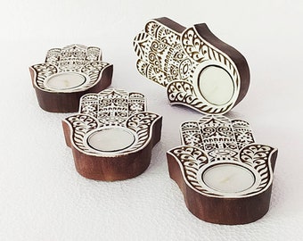 Portavelas de té Hamsa hechos a mano - Madera de mango, juego de 4
