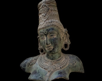 Vintage Brass Bust of Parvati, Hindu Goddess Statue, Religious Decor (31x24 cm)