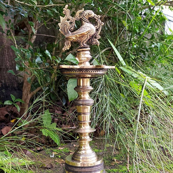 Exquisite Brass Oil Lamp With 5 Diyas Handcrafted With The Mythical Hamsa, Height 30 cm , Home Decor, Oil And Wick Lamp, Traditional Vilakku