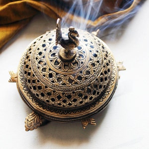 Brass Incense Holder , Indian Incense Burner, Jaali Dhoop Box, Diya Lamp, Brass Peacock Box, Engraved Burner, Prayer Lamp