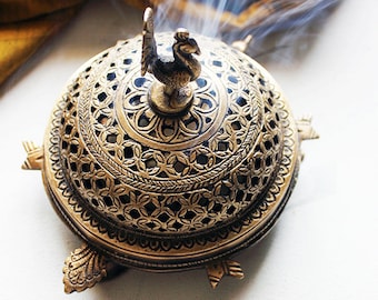 Brass Incense Holder , Indian Incense Burner, Jaali Dhoop Box, Diya Lamp, Brass Peacock Box, Engraved Burner, Prayer Lamp