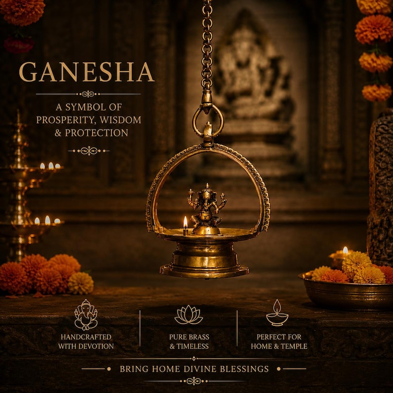 May include: A hanging brass oil lamp featuring a central Ganesha figurine. The text reads: GANESHA, A SYMBOL OF PROSPERITY, WISDOM & PROTECTION, HANDCRAFTED WITH DEVOTION, PURE BRASS & TIMELESS, PERFECT FOR HOME & TEMPLE, BRING HOME DIVINE BLESSINGS.