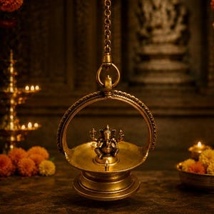 May include: A hanging brass oil lamp featuring a central figure of Ganesha seated within a circular frame. The lamp is suspended by a metal chain and includes a small lit wick at the base of the deity, casting a warm glow on the metallic surface.
