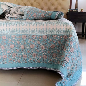 Exquisite Reversible Jaipuri Cotton Bedspread, Quilt, Comforter Block Printed With Pastel Blue & White Floral Prints, L 260 cm x W 215 cm