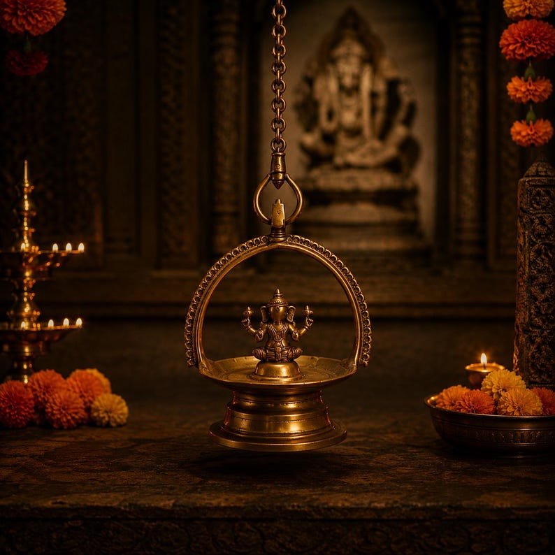 May include: A brass hanging oil lamp featuring a central Ganesha figurine, suspended by a metal chain. The circular base holds the deity, surrounded by a decorative arched frame. The metallic finish reflects warm light in a dark, ornate setting.