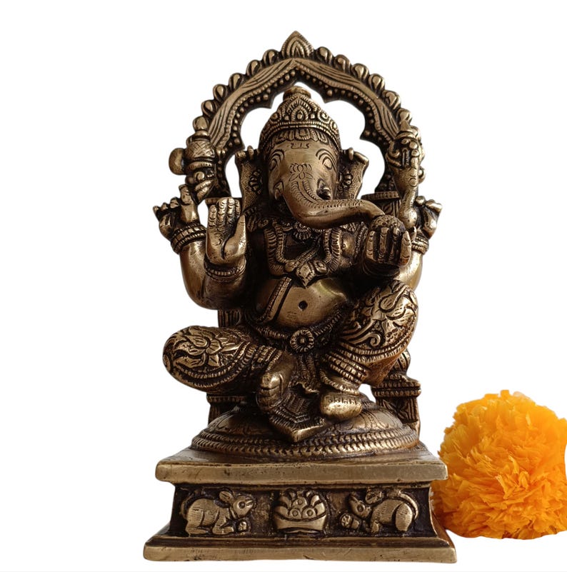 Brass Ganesha Idol with Prabhavali, Hindu Temple Decor (22.5 x 12 cm) image 3