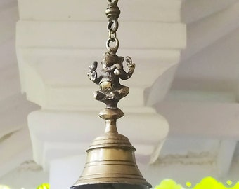 Temple Bell With Lord Ganesha On A Chain, Length 66 cm x Dia 9 cm , Brass Temple Bell, Religious Home Decor, Handcrafted Bell With Chain