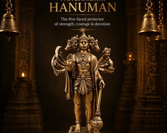 Brass Panchmukhi Hanuman Sculpture, Hindu Deity of Peace